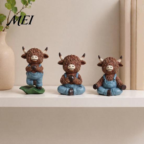 Farmhouse Style Figurines Yoga Highland Cow Resin Figurine, Overalls Statues, Waterproof Healing Atmosphere Decor Garden Ornament for Indoor