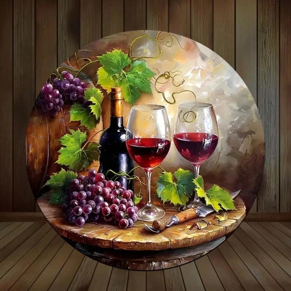 2D Круглая настенная art-декор для винного бара - Элегантный декор с лозой и бокалом - Металлическая жестяная табличка для дома, ресторана, кухни