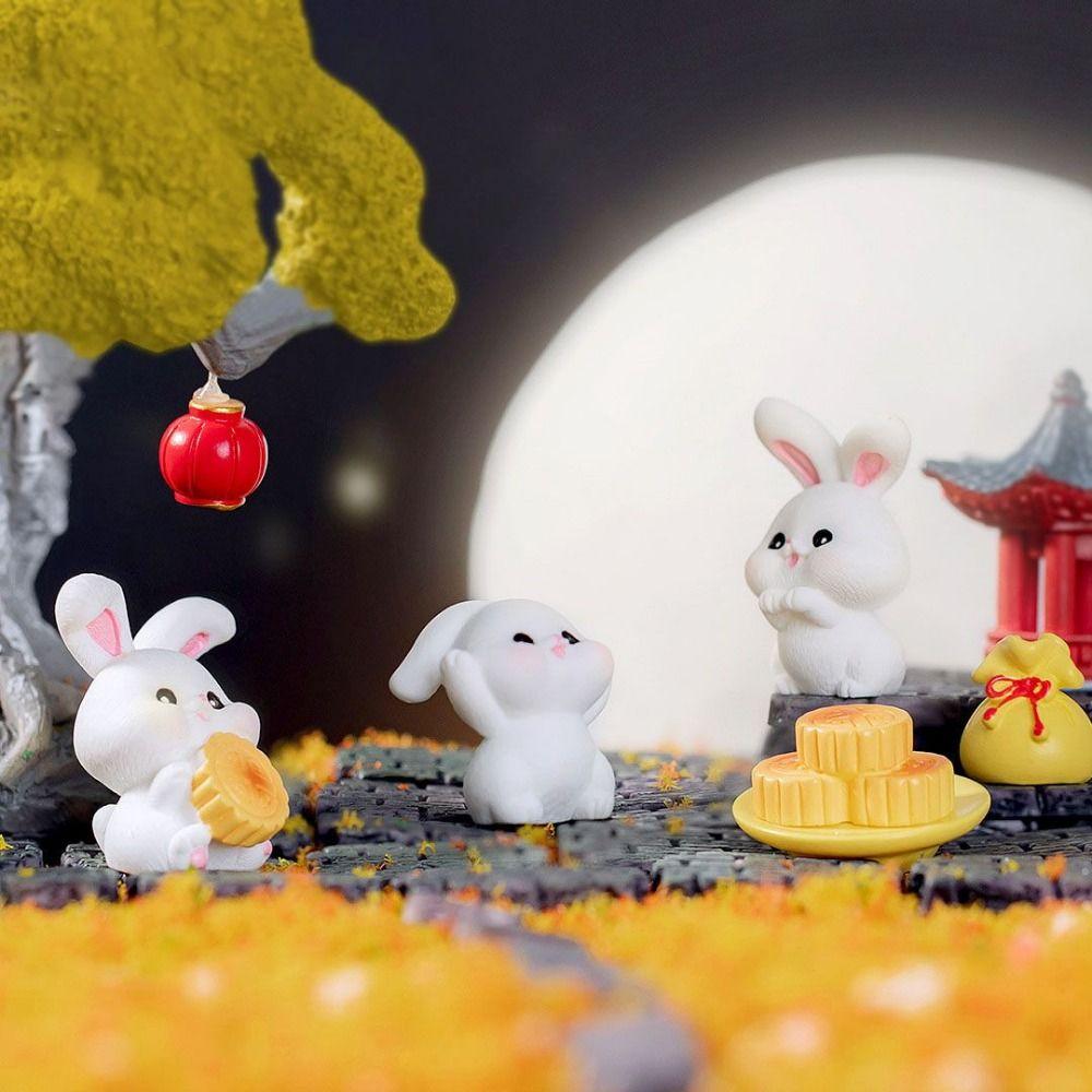Cartoon Bunny Ornaments Micro Landscape Moon Cake Model Cute Rabbit Figurines Kids Gift