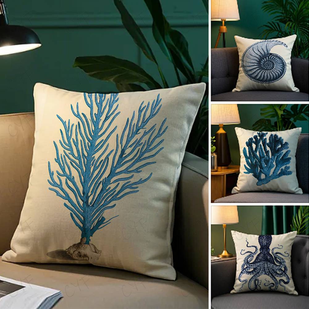 Double Sided Blue Sea Creature Coral Shrimp Printed Cushion Cover Decorative Pillow Case for Sofa Home Bedroom Nursery Case