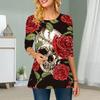 Плюс Размер Женский Цветочный Скелет Роза Принт Круглый Вырез Повседневный Свободный Длинный Рукав Топ