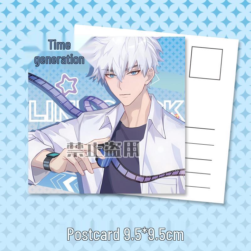 Time Agents Anime Merchandise: Lu Guang Keychain, Laser Ticket, Support Postcard, Bookmark, and Gift Badge Set.