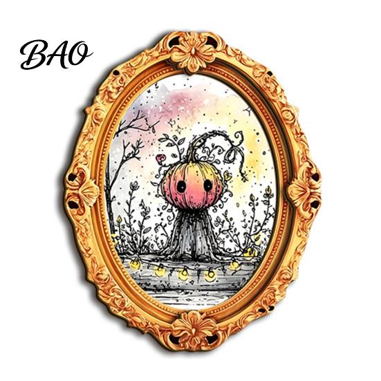 Decorative Metal Cabinet Magnets Halloween Wooden Frame Refrigerator Magnet, Retro Oval Fridge Magnet Pumpkin Ghost Magnetic Decoration for