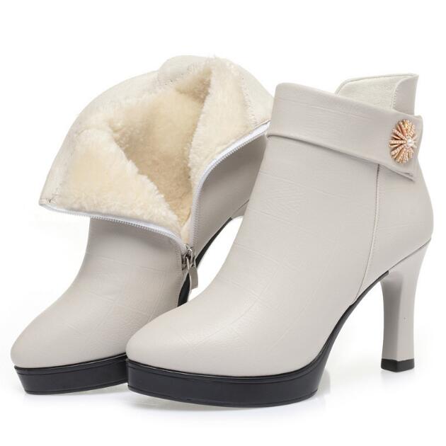 Women High Heels Genuine Leather Women Ankle Boots Autumn Winter Platform Plush Ladies Boots Brand Fashion Women Shoes