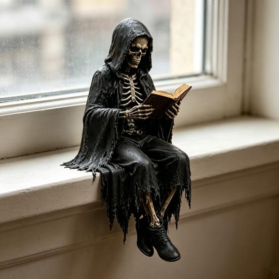 Yousheng Gothic Dark Fantasy Figure, Reading Hooded Grim Reaper Statue, Halloween Resin Sitting Skeleton Figurine for Bookshelf Home