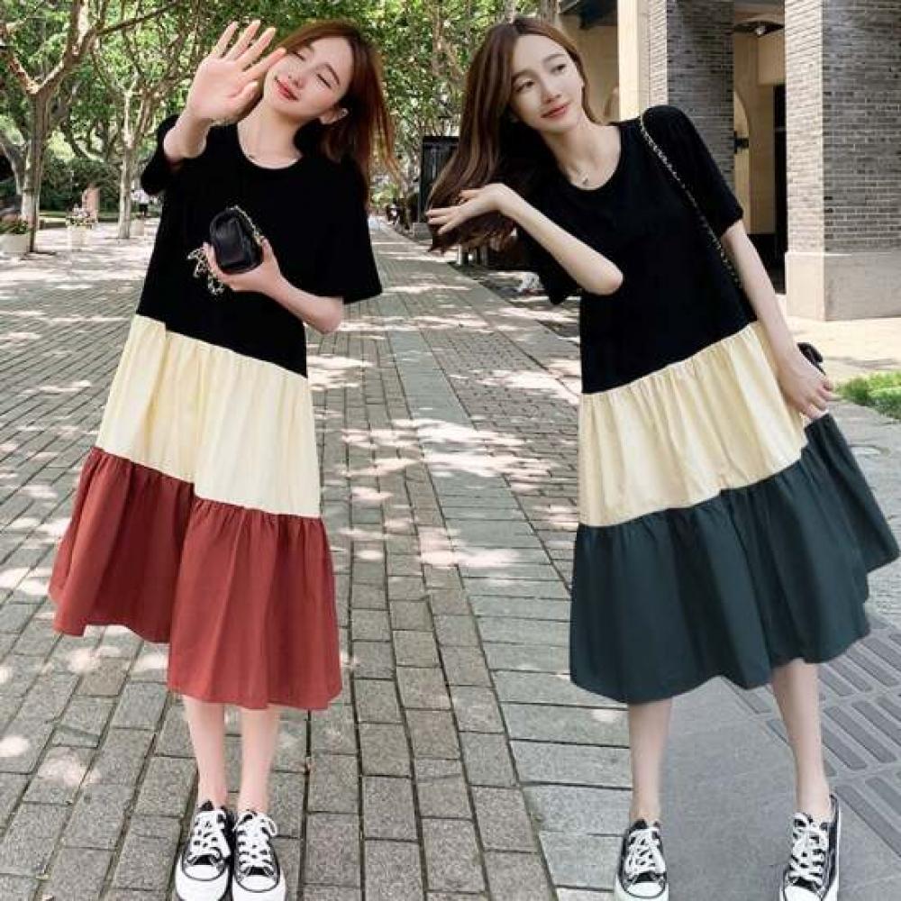 Shop Women Round Neck Vacation Style Color Block 3 Tier Midi Dress Won Wdr Wc5