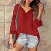 Women Tops V-Neck Embroidery Lace Trim Lace-up Long Sleeve Pullover Tops Solid Color Loose Fit Casual Style Shirt