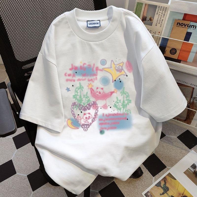 Women's Summer Cartoon Age Reduction Print Loose Design Sense Niche Vintage Round Neck Short Sleeved Top