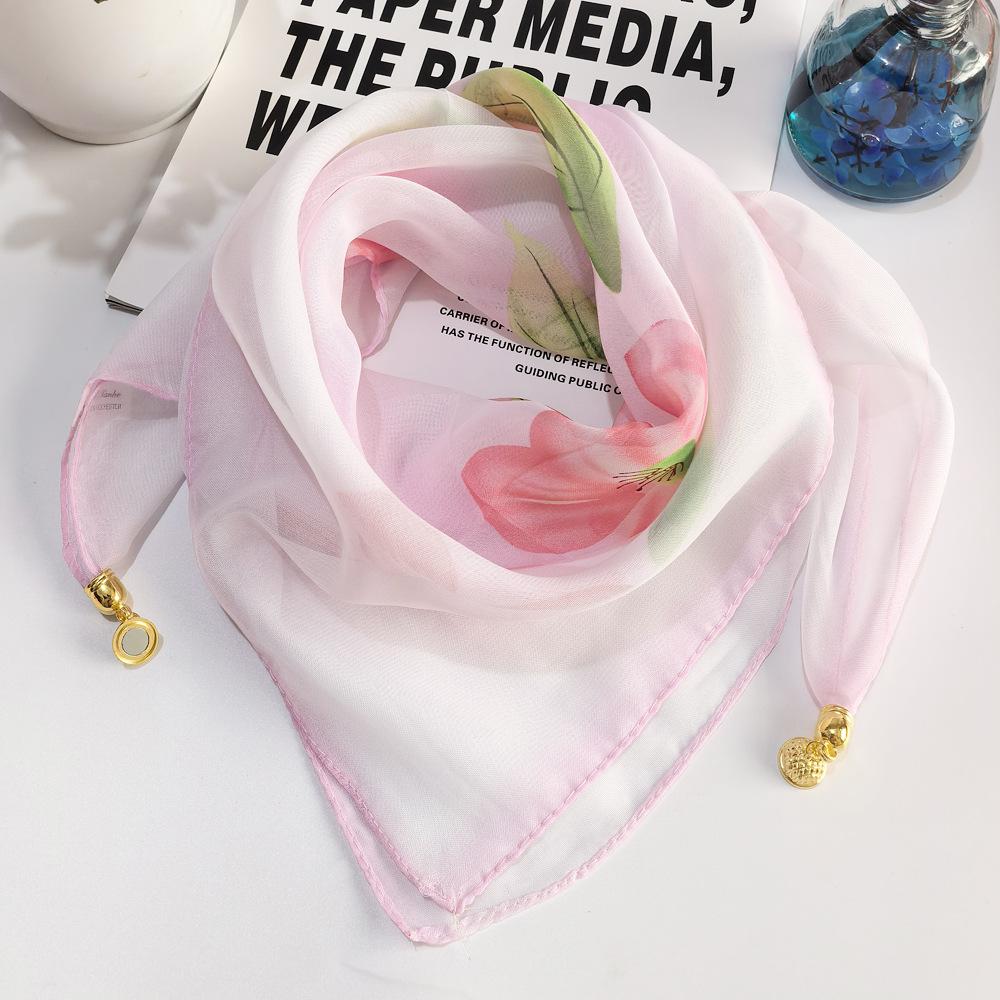 Fashionable Women's Triangular Chiffon Scarf for Neck Protection, Decorative Printed Magnetic Buckle Square Scarf, Versatile Breathable Sunscreen