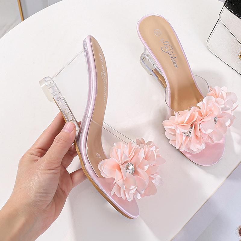 Summer Sexy Slippers Women Flower Simple Transparent Heel Crystal Shoes Versatile Pumps Party Nightclub PVC Sandals