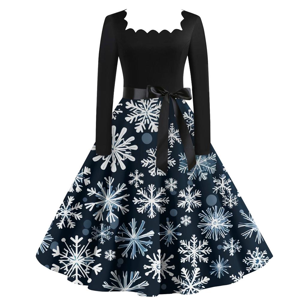 Women's Fashion Vintage Long Sleeve Square Neck Christmas Printed Evening Party Dresses Dresses