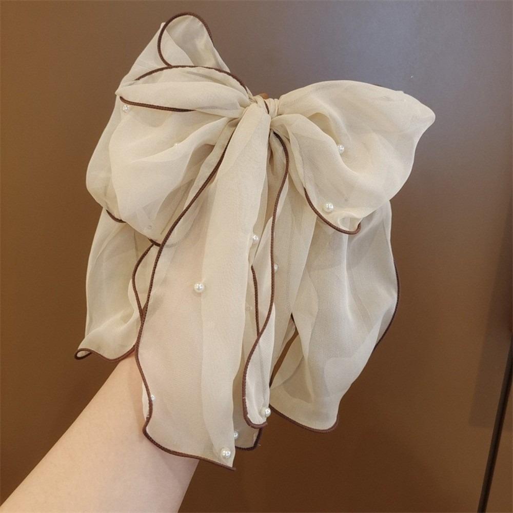 Pearl Decor Bow Hair Clip Sweet Ponytail Holder Fairy Style Sheer Organza Spring Clip Party