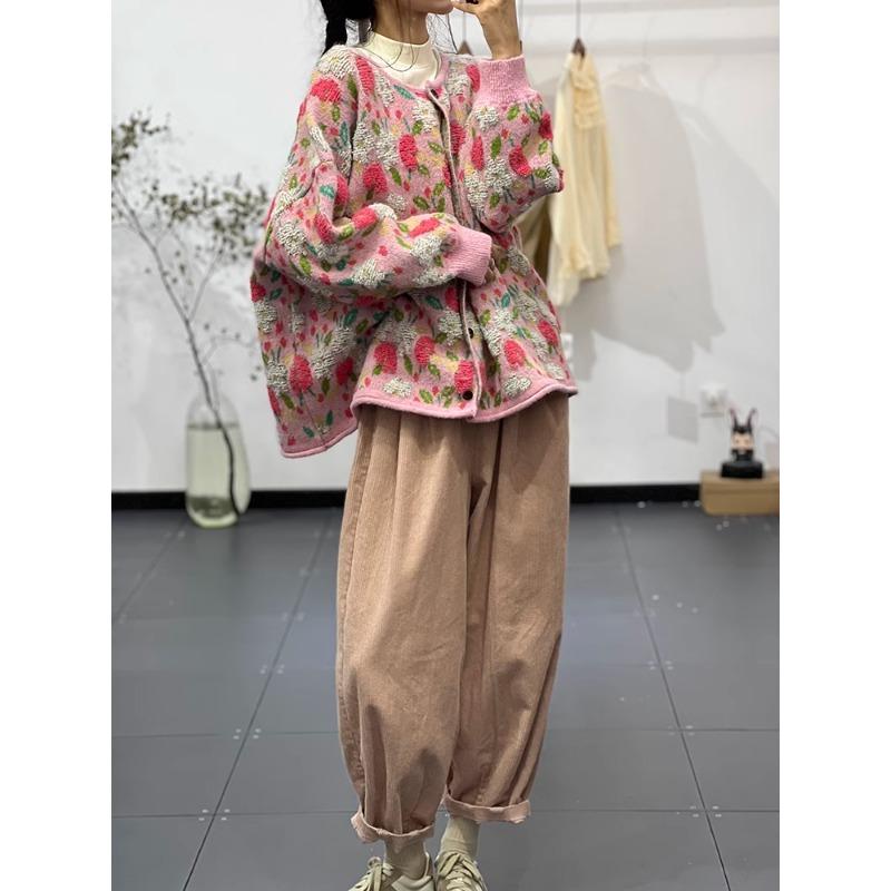 Зима Новинка Плюс Размер Осень Женщины Цветочные Пуговицы Свитера Куртка Вязание Мода Оверсайз Повседневный Стиль Свободный Кардиган Свитер