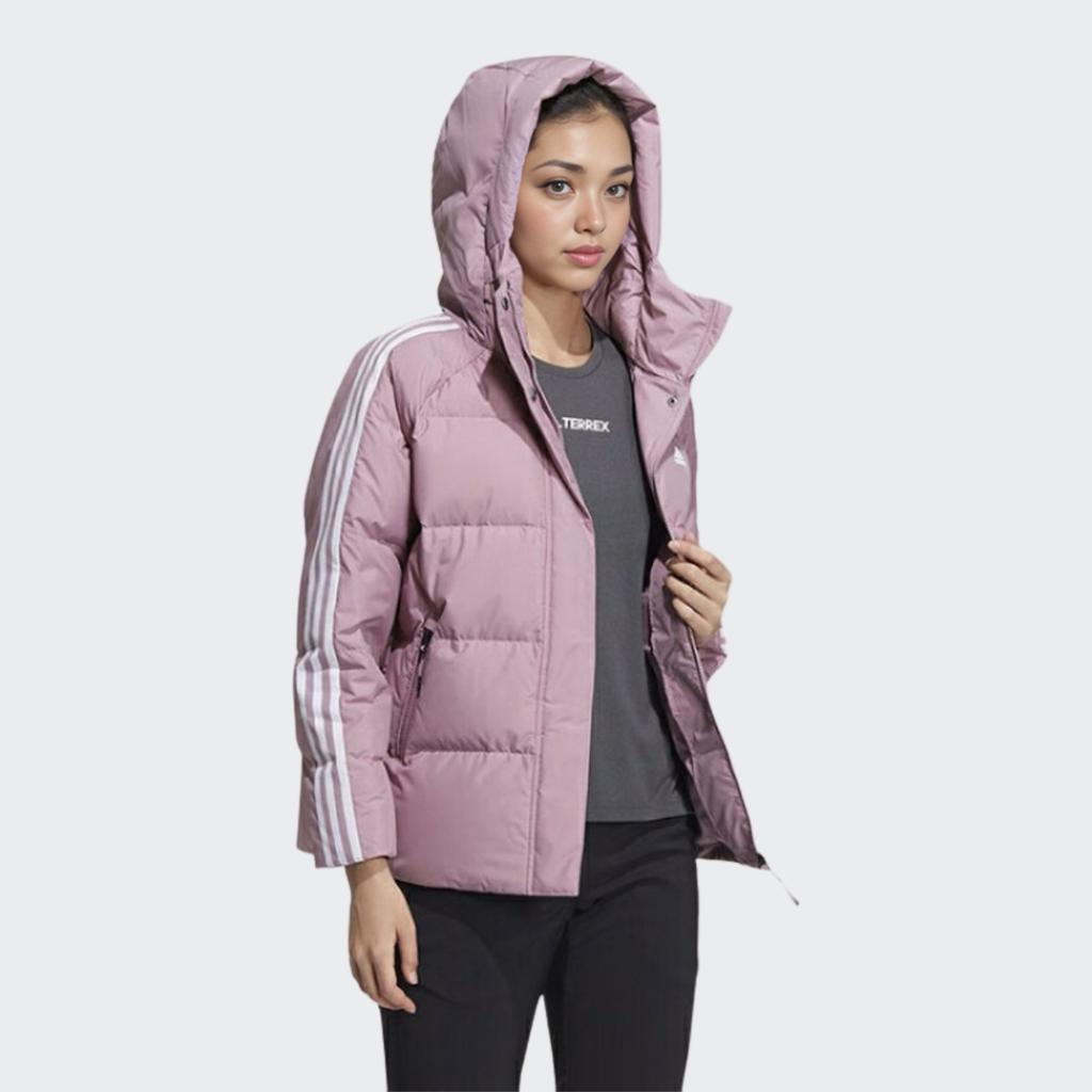 adidas W 3St Puff Jacket Logo Striped Printed Hoodie Zip Long Sleeve Down Coat Women Jackets Pink HR8446