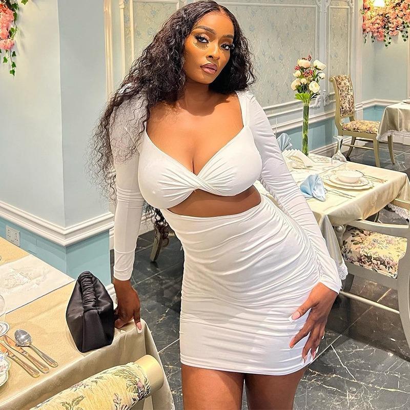 Women's Sexy Square Neck Pleated Dress Solid Color Chest Wrap Long Sleeve Halter Hollow Waist Pack Hip Dress