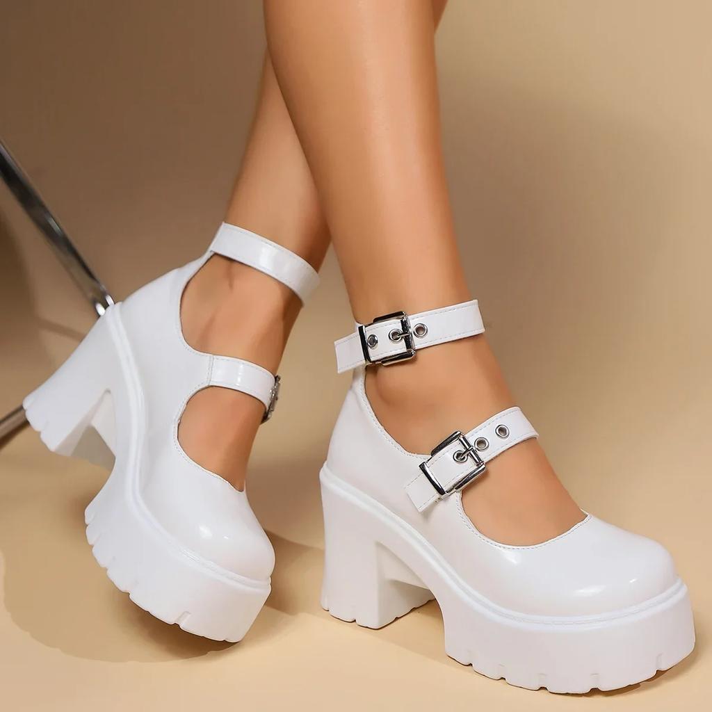 Fashion Gothic Chunky Platform Pumps for Women Super High Heels Ankle Strap Mary Jane Shoes Woman Patent Leather Thick Heel Pumps Ladies