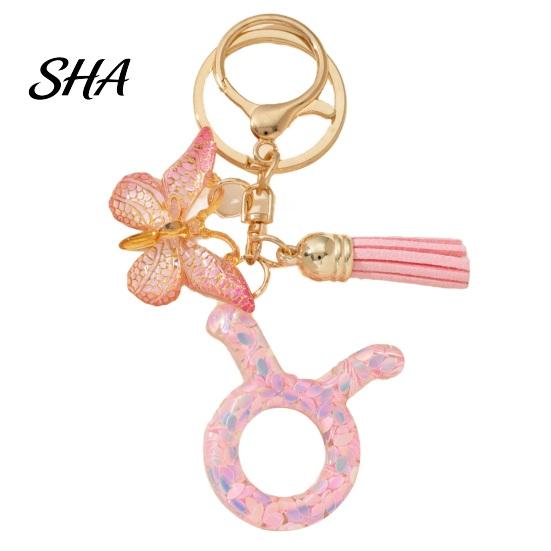 Portable Keychain Charm Pendant, The Zodiac with Butterfly Pendant Tassel, Metal Keyring for Handbag Backpack Bag Car Decoration
