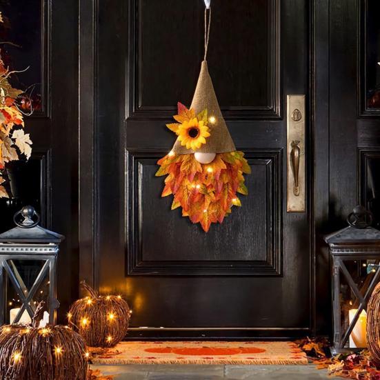 Thanksgiving Maple Leaf Gnome Wreath with String Light Indoor Outdoor Front Door Wall Hanging
