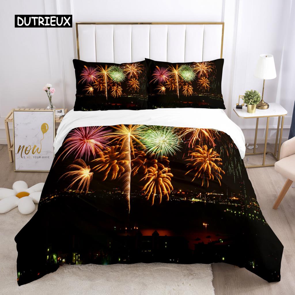 Пододеяльник Firework Queen Size, комплект постельного белья с разноцветными огнями, микрофибра, тема «Празднование Рождества», мягкий чехол для одеяла