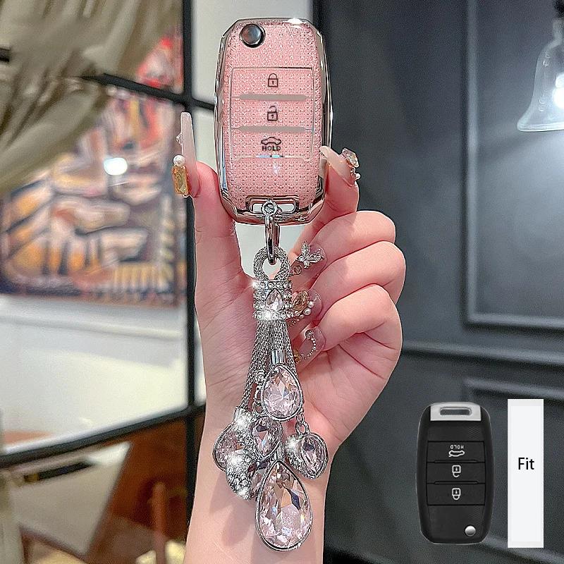 Car Key Case for Kia Rio Optima Sportage Sorento Soul Ceed Cerato Forte Seltos 3 Button Remote Key Cover Fob Crystal Pink Tpu