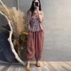 Women's Spring-Summer Cotton Linen Set: Fresh Print V-Neck Top and Slimming Harem Pants