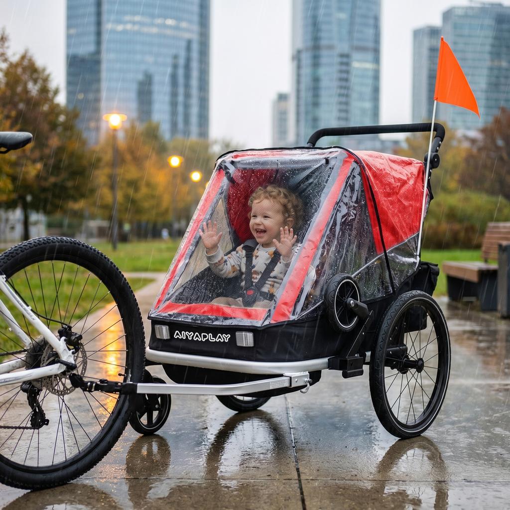 Bike Trailer for Kids, 2-Seater, 2-in-1 Foldable Kids' Bike Trailer with Adjustable Seat and Harness, Red