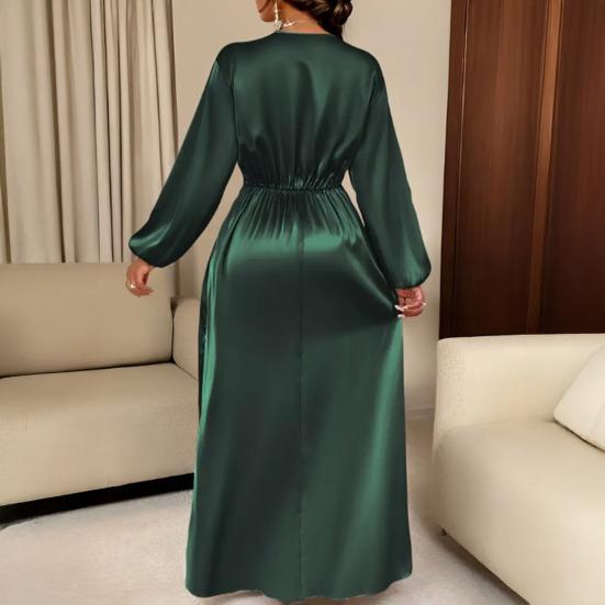 Женское летнее атласное платье-халат с V-образным вырезом, пышными элегантными длинными рукавами и приталенной талией, струящееся А-силуэта