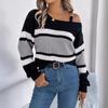 HNXC Autumn and Winter Casual Color-blocking Striped Lantern Sleeve Metal Buckle Off-the-shoulder Pullover Sweater for Women
