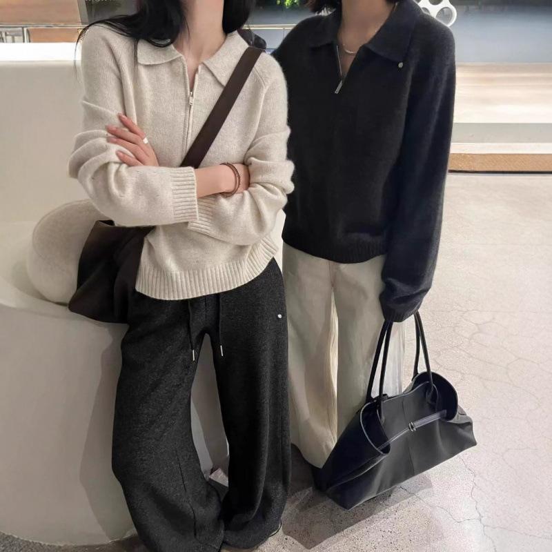 Женский пуловер Осень-Зима Женский Европейский Стиль Изысканные Пуговицы-Ракушки Отложной Воротник Длинный Рукав Премиальный Вязаный Свитер на Половину Молнии