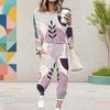 Women Plus Size Round Neck Long Sleeve Printed Top Cuffed Pants With Pockets Two Piece Set