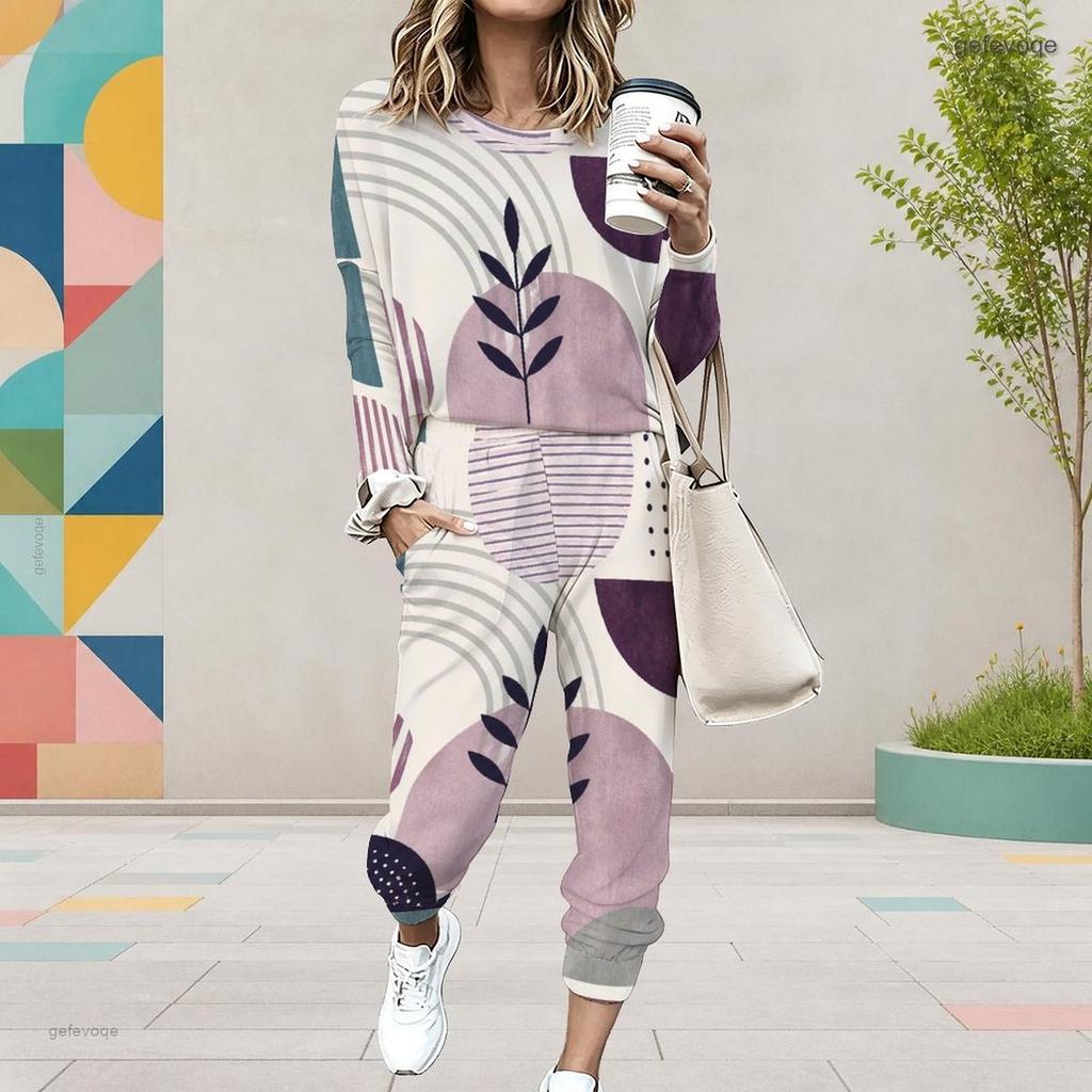 Women Plus Size Round Neck Long Sleeve Printed Top Cuffed Pants With Pockets Two Piece Set