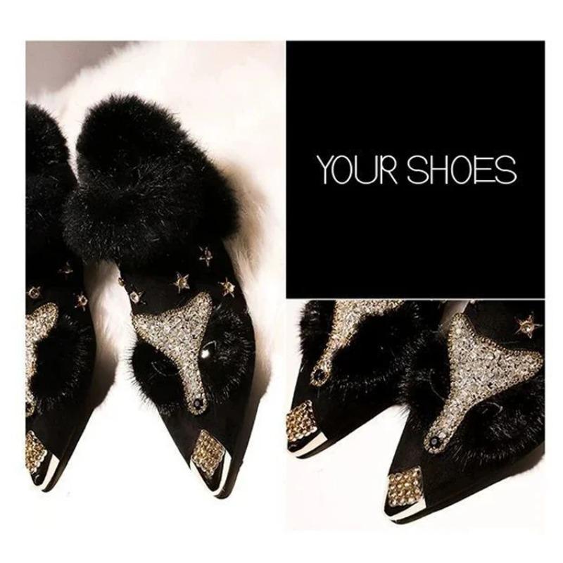 Женские ботильоны с кристаллами в виде головы лисы, женские сапоги, зимняя мода, металлический острый нос, пушистый плюш, высокий каблук, женская обувь для свадебной вечеринки