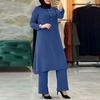 2024 Women's Muslim Round Neck Bubble Sleeve Shirt with Side Seam Detail and Wooden Buttons Casual Set