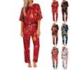 Ayollar uchun muz ipakli satin Rojdestvo printli pajama to'plami, qisqa yengli ko'ylak va uzun pajama shimlari to'plami, yumshoq uy kiyimi