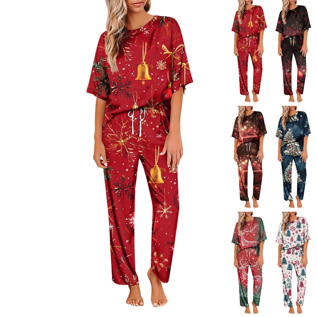 Женский шелковый атласный пижамный комплект с рождественским принтом, рубашка с коротким рукавом и длинные пижамные штаны, мягкая домашняя одежда