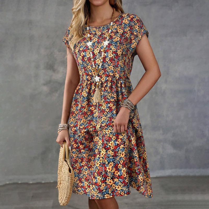 Women Summer Short Sleeve Round Collar Flower Printed One Piece Dress