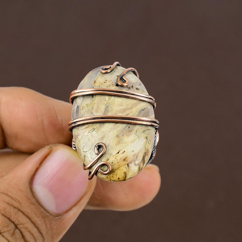 Natural Fossil Coral Gemstone Handmade Copper Wire Wrap Ring Size 7.5 Y6e03