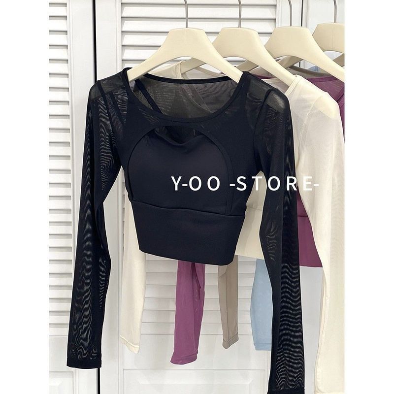 Y Одежда для йоги с нагрудником Футболка с длинными рукавами Женский нишевый стиль Вырез Сексуальная Облегающая Утягивающая Спортивная Фитнес Модная Майка