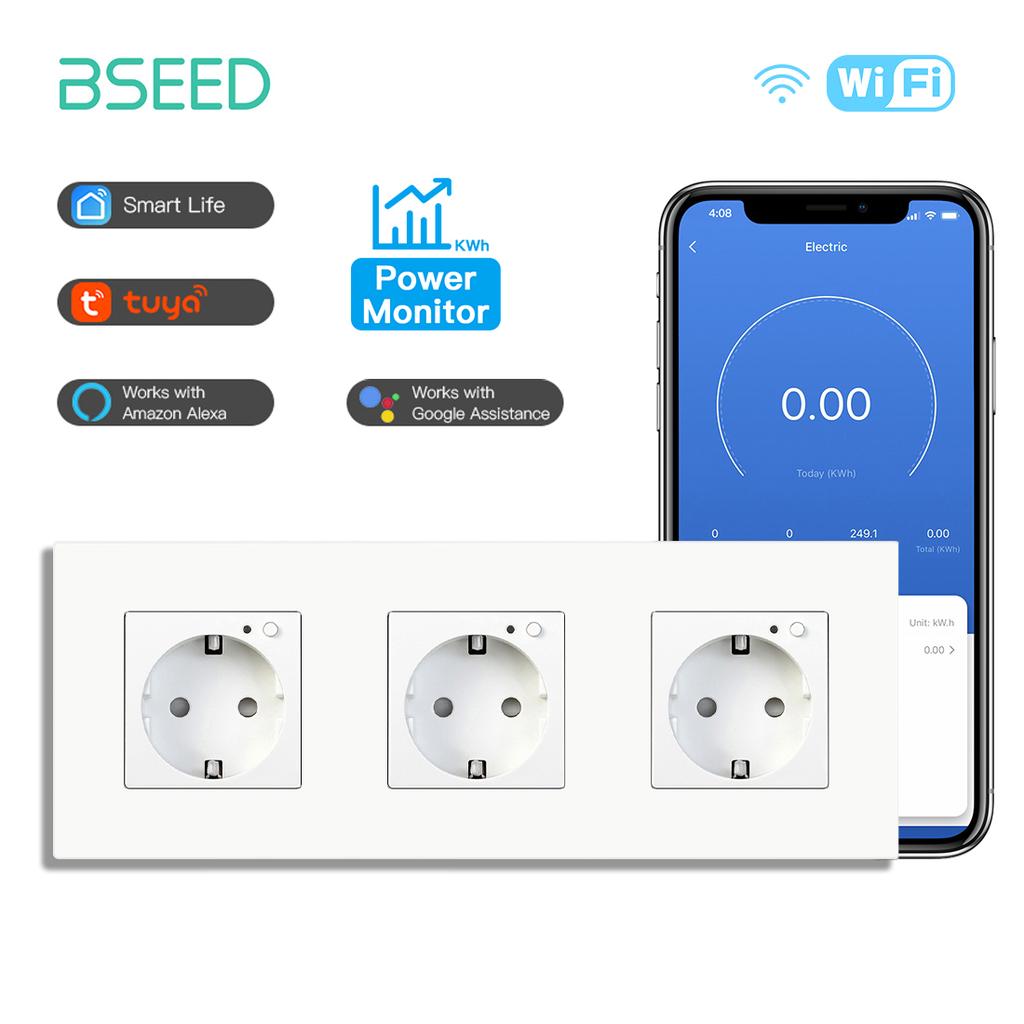 BSEED EU Smart Wifi Control Power Monitor Sockets 16A 110V-250V Power Wall Sockets Plastic Flame Support For Tuya Google Alexa