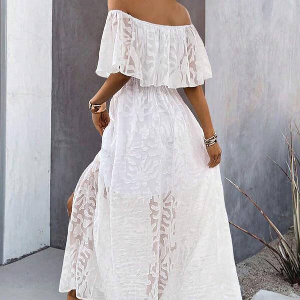 Женское летнее повседневное белое платье с открытыми плечами и вышитым кружевом с высоким разрезом