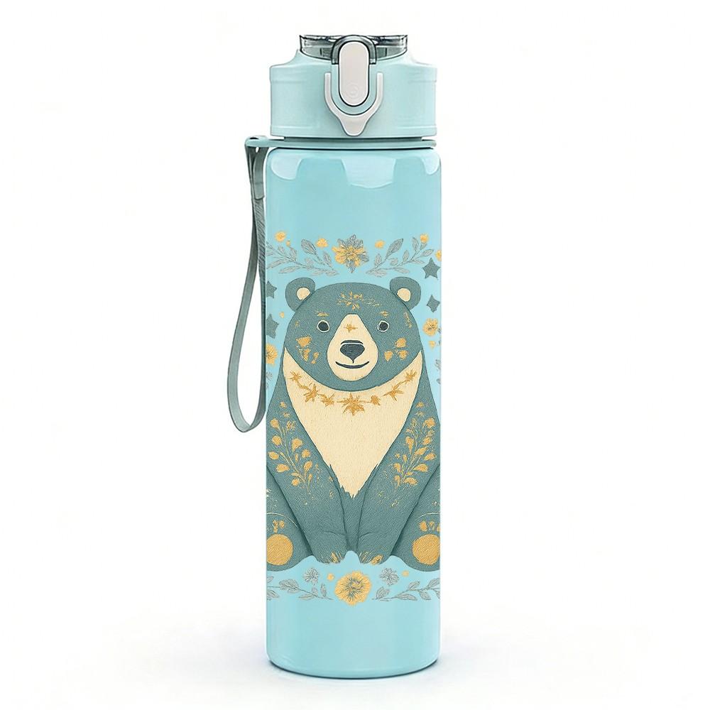 1PC Blue Bear Floral Frame 750ml Color Plastic Sports Water Bottle Leakproof Flip Straw Lid Suitable for Sports Office Home Use