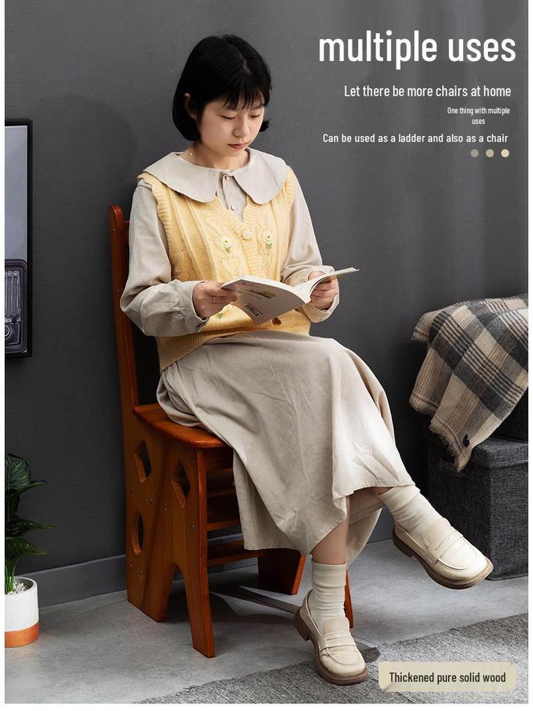 Solid Wood Folding Ladder Chair: Dual-Use Indoor Step Stool and Multifunctional Staircase.