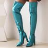 Модные высокие сапоги выше колена, женская обувь 2024 года, зимние сапоги с заостренным носком, сексуальные сине-зеленые туфли для вечеринок и танцев, женские, большой размер 48