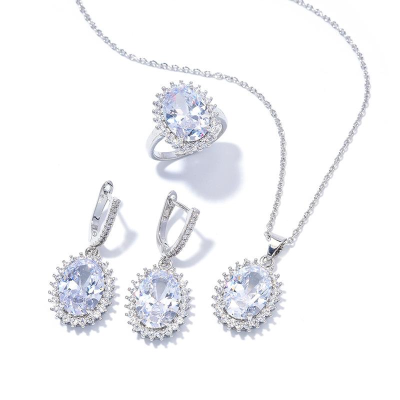 Комплект из овальных цирконов, кольцо Super Flash, серьги, ожерелье, комплект ювелирных изделий.