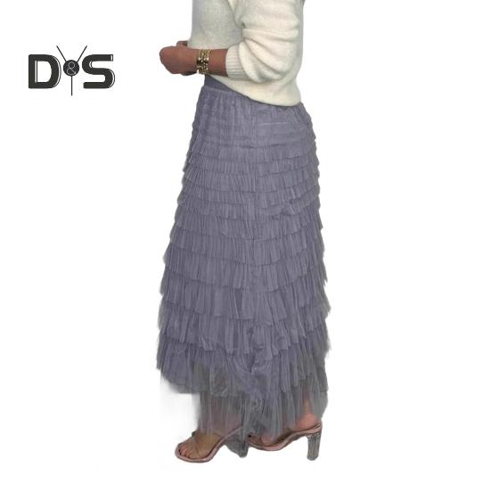 Women Midi Skirt Elastic High Waist Multi Layer Mesh Yarn Long Skirt Solid Color Slimming Style Versatile Skirt