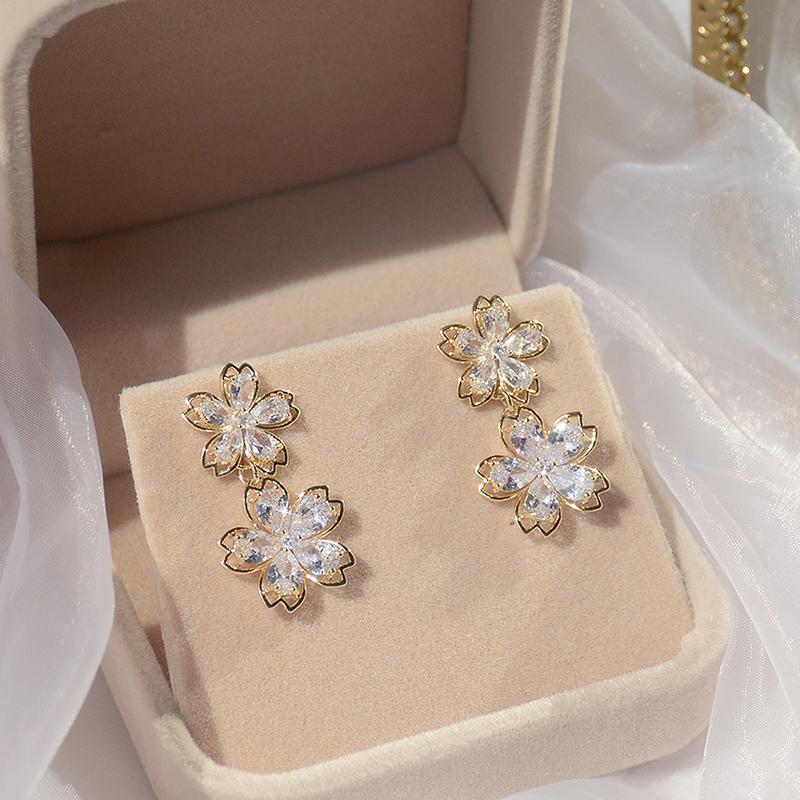 Корейские продажи модных ювелирных изделий 14K настоящее золото позолоченные медные инкрустированные CZ цирконий серьги элегантные двойные цветочные женские серьги