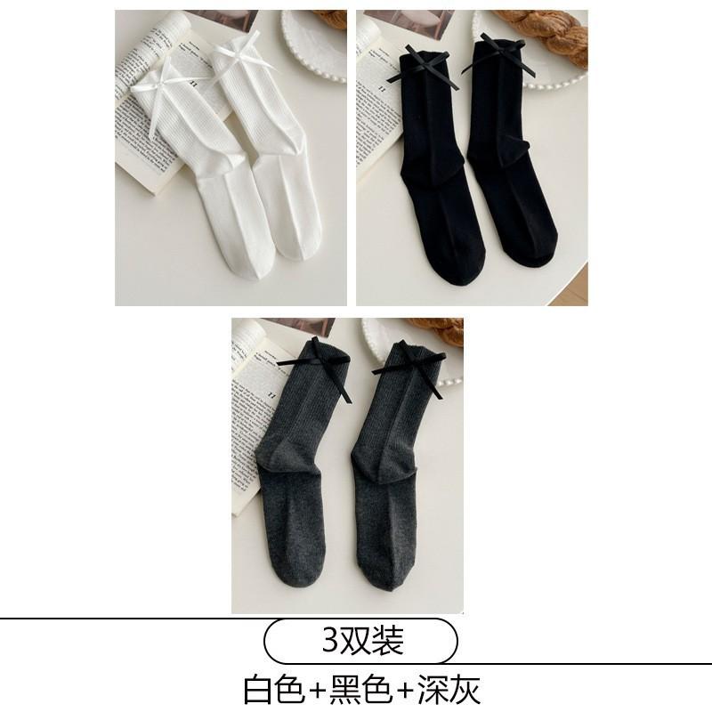 Womens Cotton Mid-Calf Socks With Bow Detail Japanese Style Ribbed Crew Soft Breathable Stackable Teens Young Adults