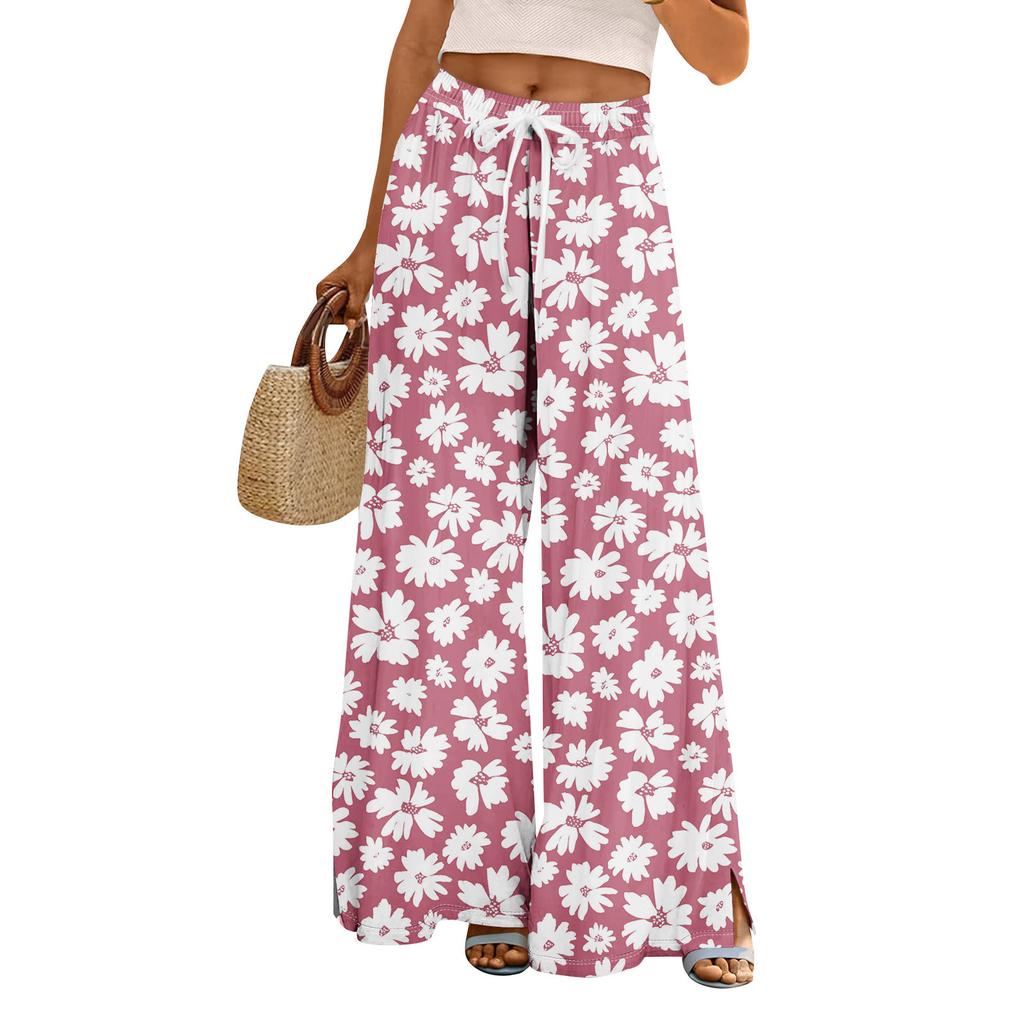 Women Summer Boho Palazzo Pants High Waist Wide Leg Rinting Casual Trousers With Pockets