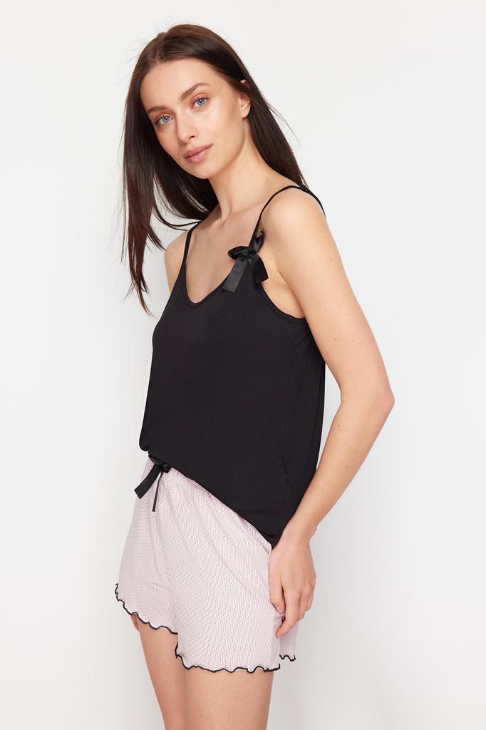 Women's Fashion New Pajama Set Black-Powder Polka Dot Ribbon Detailed Rope Strap Knitted Pajama Set