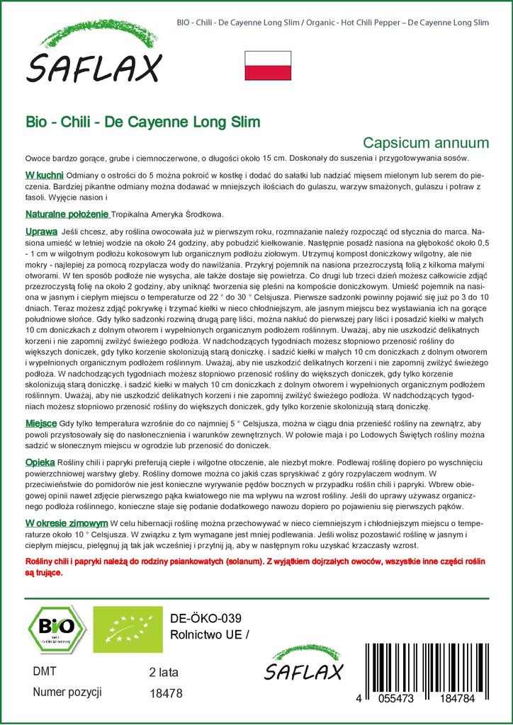 SAFLAX Garden in the Bag - Органический - Острый перец чили - De Cayenne Long Slim - 10 семян - С субстратом в подходящем пакете - Capsicum annuum